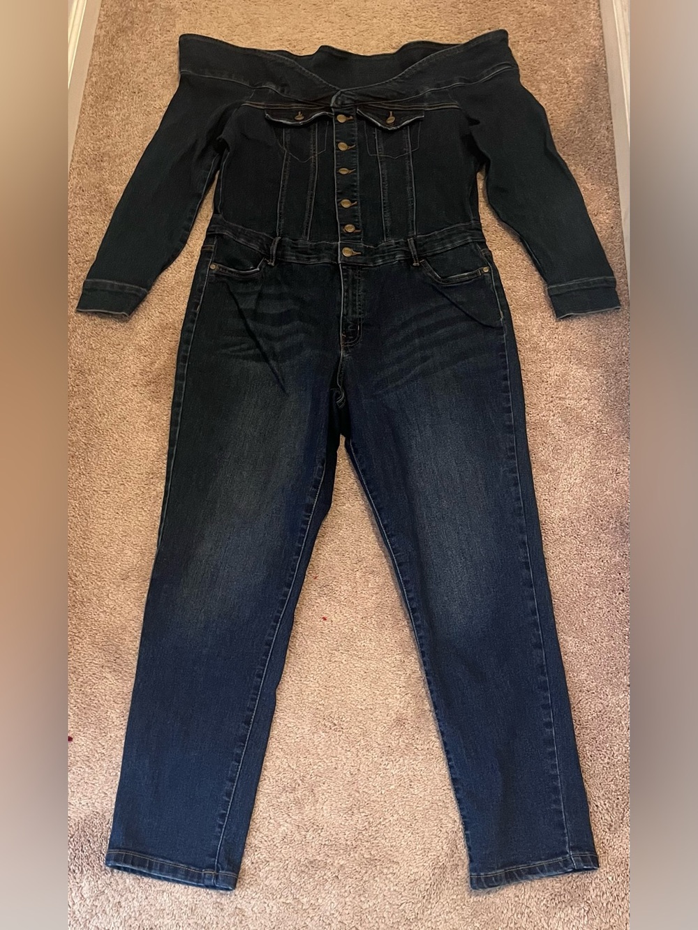 Dark Blue Off-Shoulder Denim Overalls Jumpsuit - Picture 10 of 12